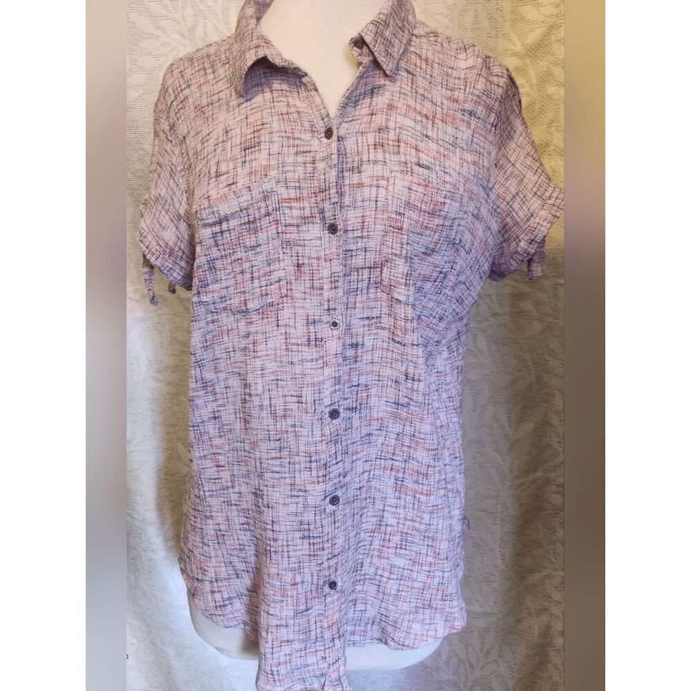 Ruff Hewn Short-Sleeve textured pink & blue Button-Up cut out knotted sleeves